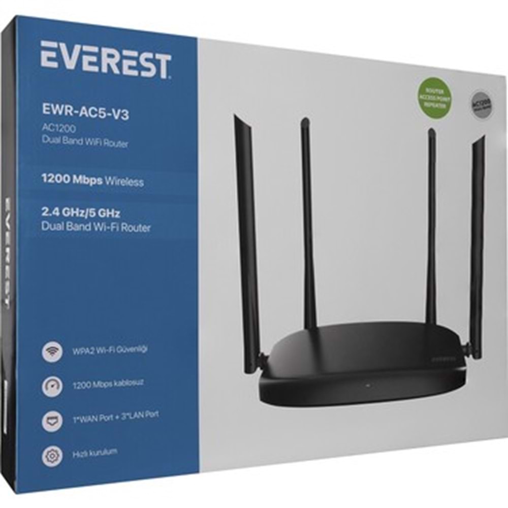 EVEREST EWR-AC5-V3 AC1200MBPS DUALBAND 4*6DBİ WISP+AP+REPEATER DESTEKLİ KABLOSUZ WİFİ ROUTER