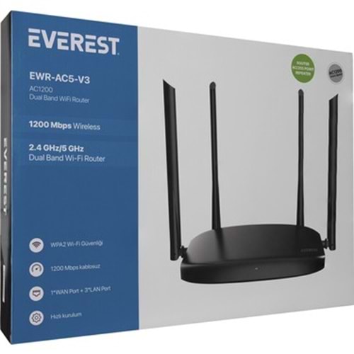 EVEREST EWR-AC5-V3 AC1200MBPS DUALBAND 4*6DBİ WISP+AP+REPEATER DESTEKLİ KABLOSUZ WİFİ ROUTER